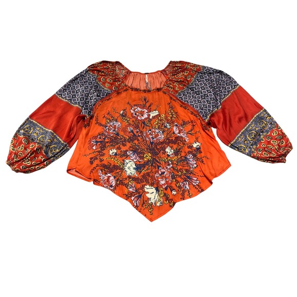 Free People Tops - Free People Floral Print Blouse Womens XS Orange Peasant Boho Balloon Sleeve